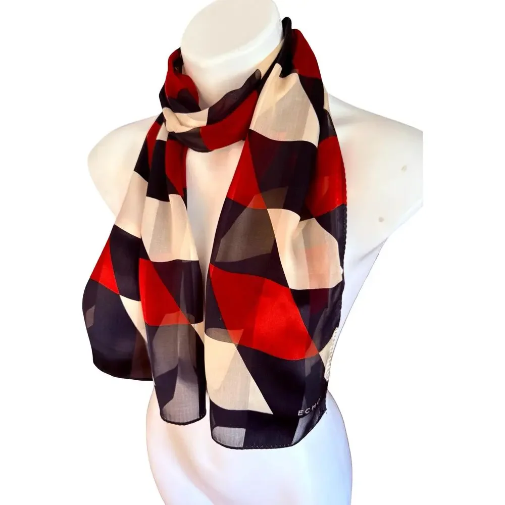 Vintage Echo Silk Scarf 1980s Geometric Triangle Print Red Black Cream 11x54